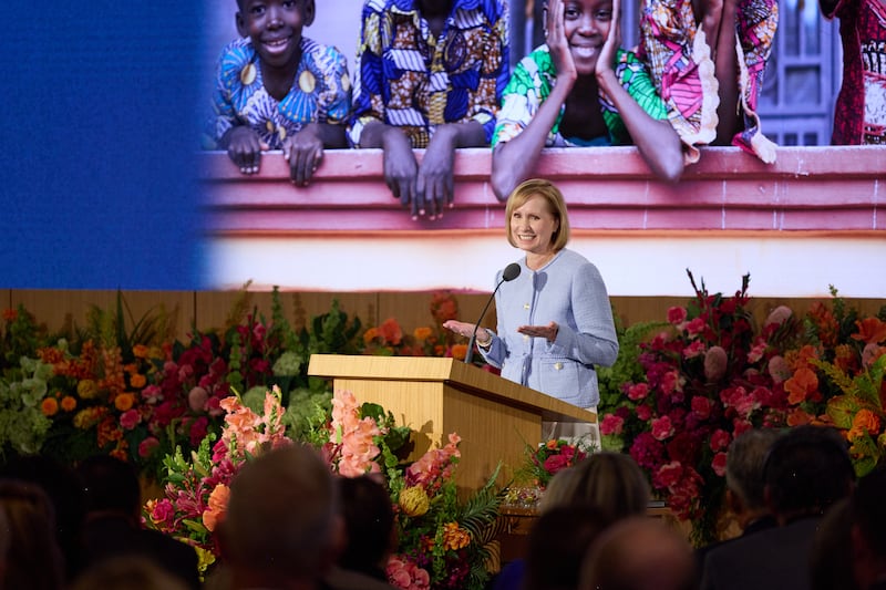 Sister Amy A. Wright, first counselor in the Primary general presidency and member of the Church’s Missionary Executive Council, speaks during the 2026 Seminar for New Mission Leaders on Friday, June 19, 2026, at the Provo Missionary Training Center in Provo, Utah.