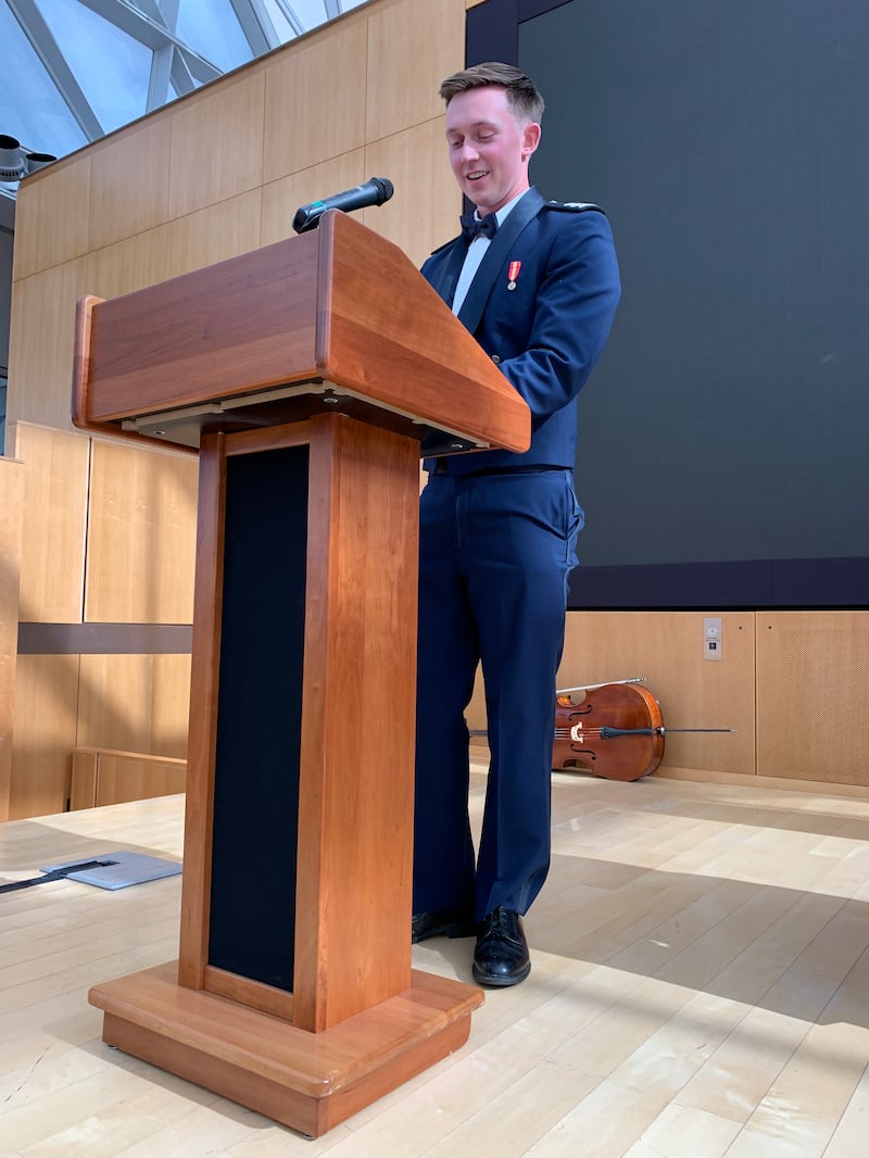 2nd Lt. Jacob Bulseco speaks in Polaris Hall at the United States Air Force Academy in Colorado Springs, Colorado, Sunday, May 24, 2026.
