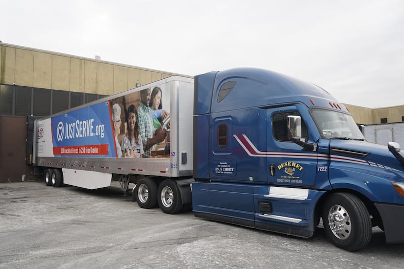Food donations from The Church of Jesus Christ of Latter-day Saints are unloaded from a semitruck at Feeding Westchester in Elsford, New York, on Thursday, March 19, 2026.