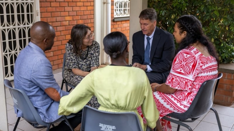 Elder Carl B. Cook and Sister Lynette Cook share a teaching experience with sister missionaries in Kampala, Uganda, March 18, 2026.