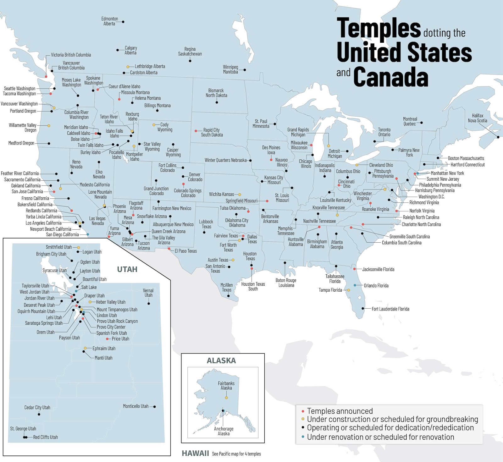 6 maps show the worldwide locations of the Church’s 382 temples ...