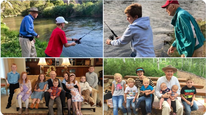 President Dallin H. Oaks spends time with family members in a collage of four pictures.