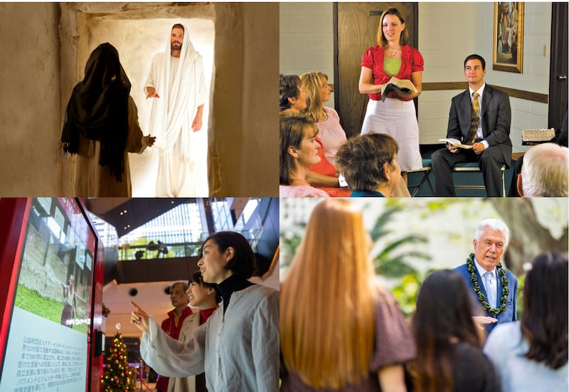 Clockwise from top left: Actors portray the resurrected Jesus Christ appears to Mary Magdalene at the tomb in this scene from the Bible Videos; A group of adults discusses the scriptures during a Gospel Doctrine class; President Dieter F. Uchtdorf, acting president of the Quorum of the Twelve Apostles, speaks to missionaries outside the Laie Hawaii Temple in Laie, Hawaii, on Saturday, Feb. 28, 2026; Guests donate using the new Giving Machine kiosks located in Tokyo, Japan, on Thursday, Nov. 27, 2025