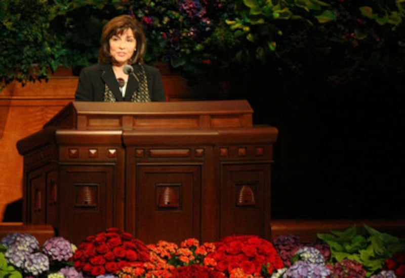 Sister Carole M. Stephens, first counselor in the Relief Society general presidency, speaks at the G