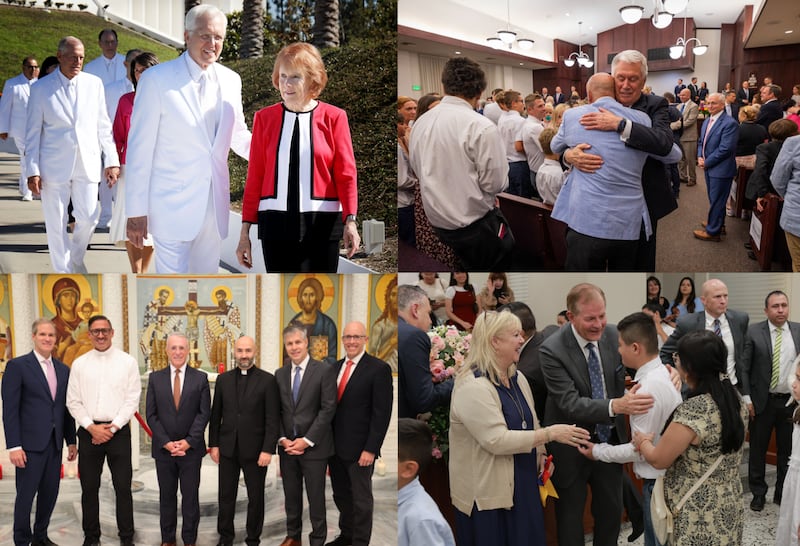 Clockwise from top left: President D. Todd Christofferson, second counselor in the First Presidency, with his wife, Sister Kathy Christofferson, at the rededication ceremony of the San Diego California Temple on Sunday, Aug. 23, 2026; President Dieter F. Uchtdorf, acting president of the Quorum of the Twelve Apostles, hugs Daniel Johnson following a special multistake meeting in Spokane, Washington, on Sunday, Aug. 23, 2026; Elder Gary E. Stevenson of the Quorum of the Twelve Apostles and his wife, Sister Lesa Stevenson, greet Latter-day Saints in Cali, Colombia, on Monday, Aug. 24, 2026; Elder Ulisses Soares of the Quorum of the Twelve Apostles, third from left, meets with leadership of the Greek Orthodox Archdiocese of America in St. Nicholas Greek Orthodox Church and National Shrine in New York City on Friday, Aug. 21.