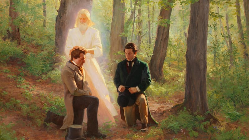 “Upon You My Fellow Servants" is by Linda Curley Christensen and Michael Malm. The oil-on-canvas painting depicts John the Baptist conferring the Aaronic Priesthood on Joseph Smith as Oliver Cowdery kneels next to him.