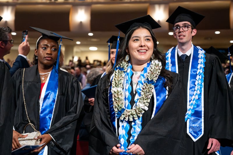 BYU–Idaho graduates enter the BYU–I Center for commencement on Friday, April 10, 2026, in Rexburg, Idaho.