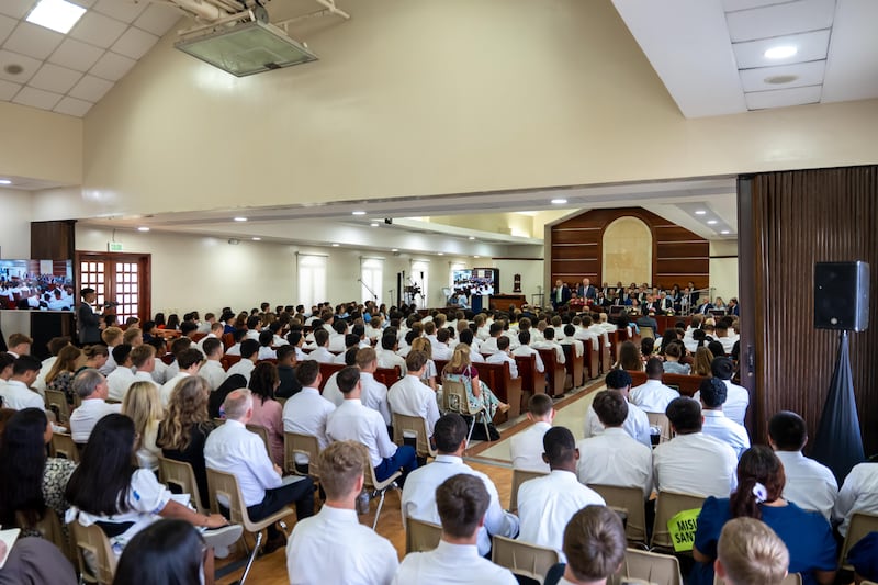 Elder Ronald A. Rasband of the Quorum of the Twelve Apostles speaks to a gathering of more than 800 missionaries from multiple missions in the area of Santo Domingo, Dominican Republic.