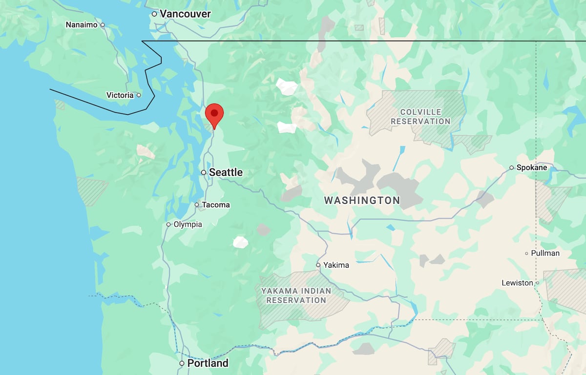 A map of Washington, with a pin in Marysville, in the northwest of the state.