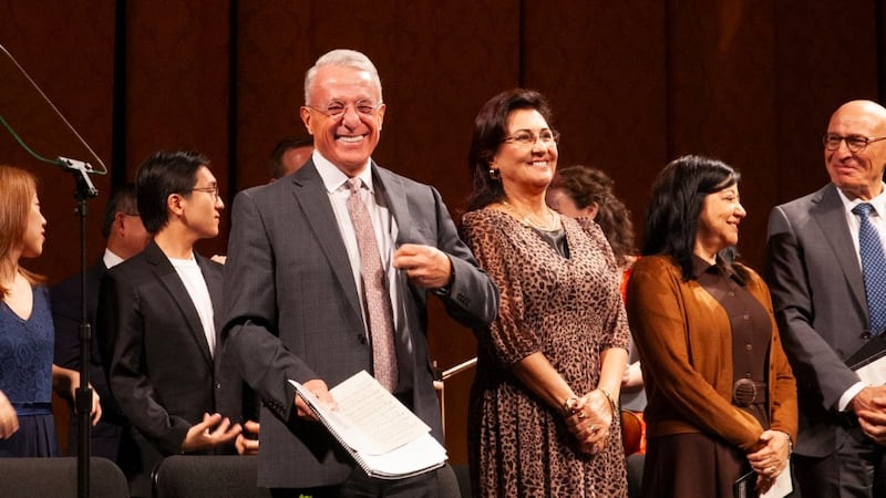 Elder Ulisses Soares of the Quorum of the Twelve Apostles, left, and his wife, Sister Rosana Soares, second from left, arrive at a young single adult devotional at the David H. Koch Theater at Lincoln Center for the Performing Arts in New York City on Sunday, Sept. 20, 2026.