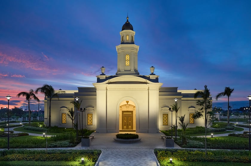 The exterior of the Bacolod Philippines Temple at dusk.