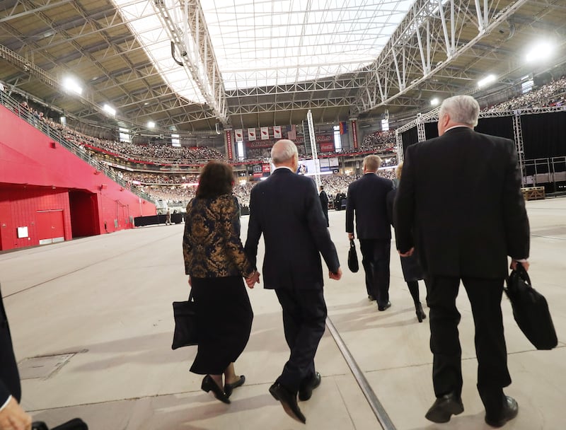 President Russell M. Nelson of The Church of Jesus Christ of Latter-day Saints walks into the State Farm Stadium with his wife, Sister Wendy Nelson, in Phoenix on Sunday, Feb. 10, 2019.