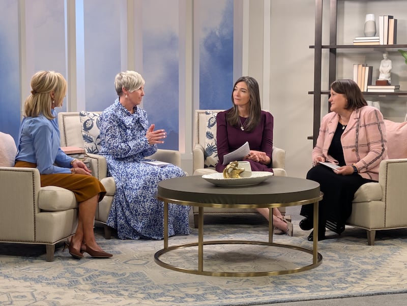 Deseret News editor Sarah Jane Weaver, right, speaks with the Young Women general presidency on Wednesday, April 22, 2026, on the Church News podcast.