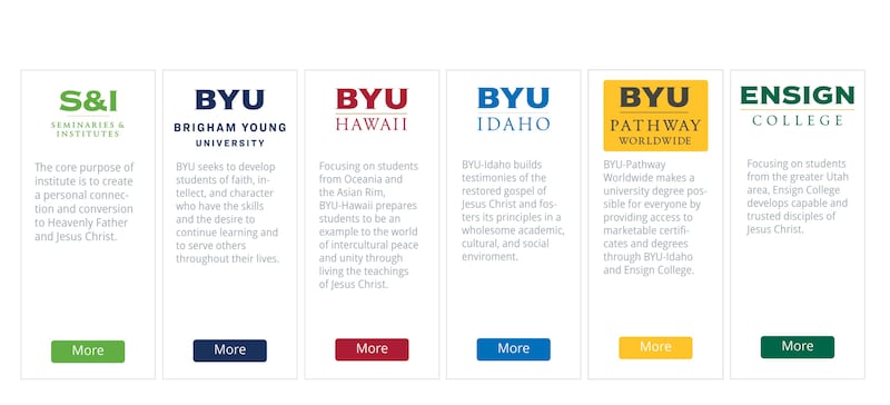 A screenshot from the Church's education website shows the six entities that make the Church Educational System: Seminaries and Institutes of Religion, BYU, BYU–Hawaii, BYU–Idaho, BYU–Pathway Worldwide and Ensign College.