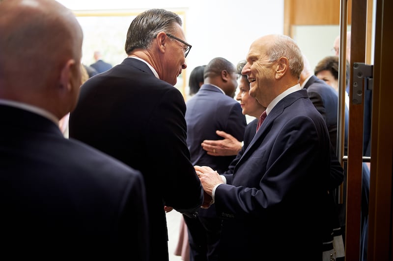 President Russell M. Nelson and Sister Wendy Nelson greet new mission presidents and their wives dur