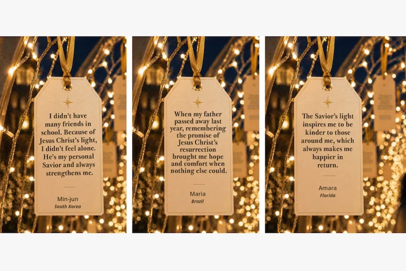 Example testimonies are displayed on hanging tags. Testimony submissions are now being collected for possible display on Temple Square in Salt Lake City during Christmastime 2026.