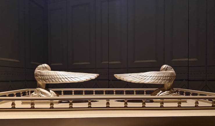 Two "cheribum" angels sit on the lid of the arc of the covenant, also known as the "mercy seat" in a 3D replica of the Old Testament tabernacle in the Farmington Utah North Stake center, June 18, 2026.