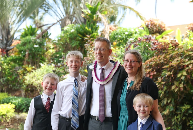 Luke Nichols and his family pose for a photo prior to the campus devotional held in the Cannon Activities Center in Laie, Hawaii, on Tuesday, Sept. 29, 2026.