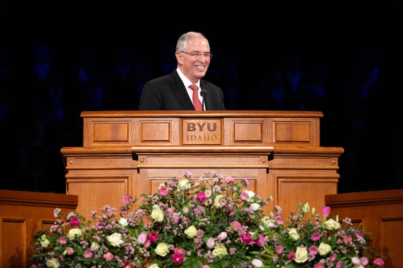 Elder Neil L. Andersen of the Quorum of the Twelve Apostles speaks in the BYU–I Center during a devotional on Sunday, Feb. 22, 2026, in Rexburg, Idaho.