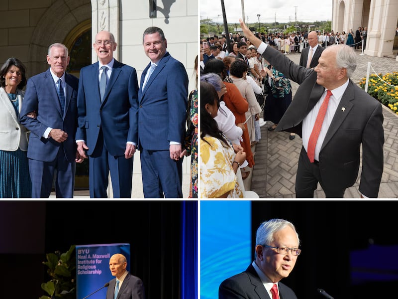 A collage of four photos showing President Eyring, Elder Rasband, Elder Renlund and Elder Gong at various events.