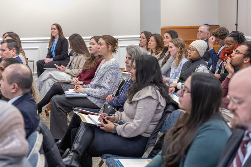People watch and listen to a panel discussion about humanitarian efforts around the world hosted by The Church of Jesus Christ of Latter-day Saints in Washington, D.C., on Wednesday, March 18, 2026.