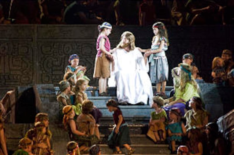 A scene from the Hill Cumorah Pageant shows Christ in his visit to the Americas. This is only one o