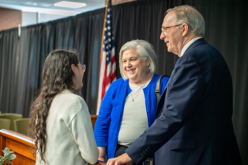President Bruce C. Kusch, right, and his wife, Sister Alynda Kusch, greet a student following an Ensign Campus devotional in Salt Lake City on Sept. 22, 2026.