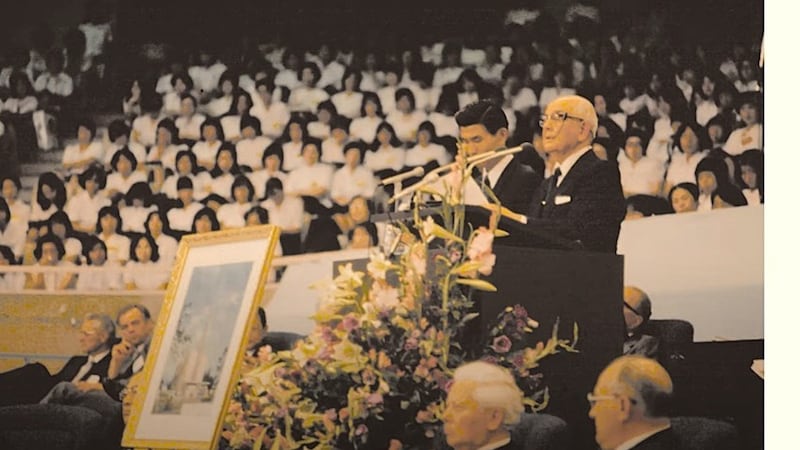 President Spencer W. Kimball, President of The Church of Jesus Christ of Latter-day Saints, speaks in Tokyo, Japan, on Aug. 9, 1975, as part of a countrywide conference. He announced a temple would be built in the country.