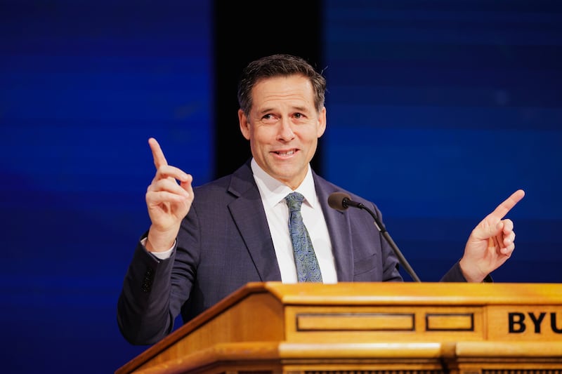 Elder B. Corey Cuvelier, a General Authority Seventy, speaks during a BYU campus devotional, in the Marriott Center in Provo, Utah, on Tuesday, Nov. 11, 2025.