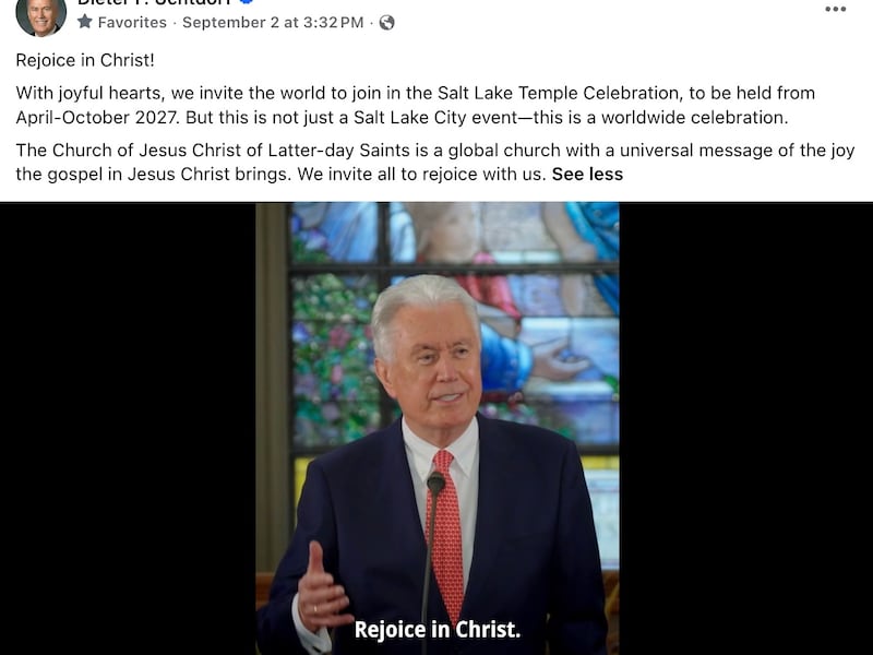 A screenshot of a Sept. 2, 2026, Facebook post by President Dieter F. Uchtdorf, acting president of the Quorum of the Twelve Apostles, features a video of him announcing the Salt Lake Temple Celebration theme, "Rejoice in Christ."
