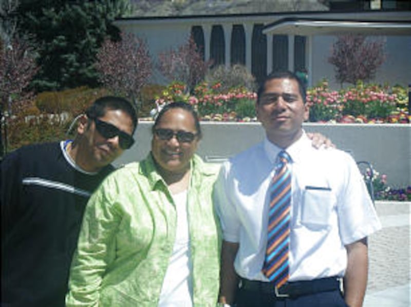 Elder Miller Toa poses with his father, Kaiser Toa, and his mother, Vei Toa, outside the Provo Templ