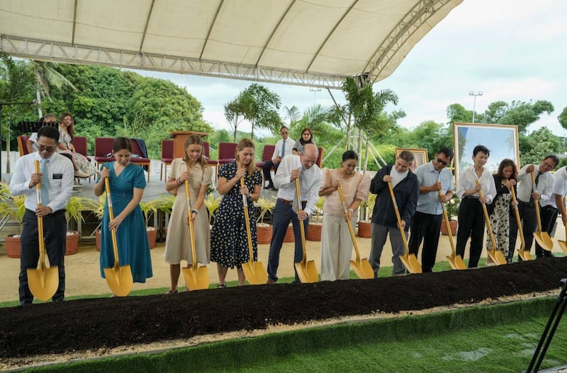 Elder Steven D. Shumway — a General Authority Seventy and member of the Philippines Area presidency, fifth from left — and his wife, Sister Heidi Shumway, fourth from left, are joined by Naga City Mayor Maria Leonor “Leni” Robredo, sixth from left, and other guests to break ground for the Naga Philippines Temple on Aug. 8, 2026, in Naga City, Philippines.