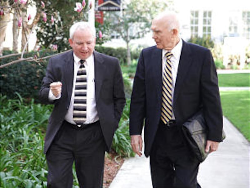 Elder Dallin H. Oaks, right, speaks with Dr. John C. Eastman of Chapman University prior to his spee