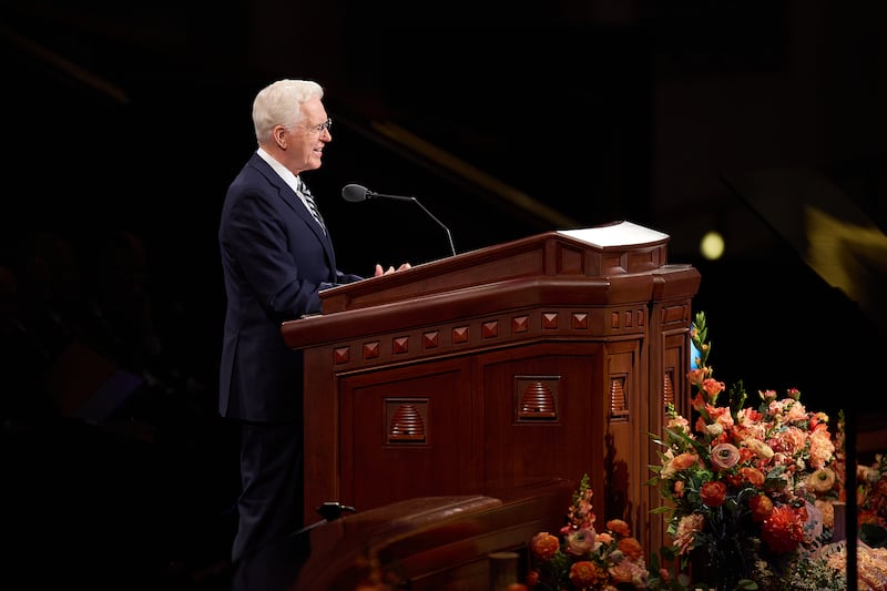 President D. Todd Christofferson, second counselor in the First Presidency, speaks during the Saturday morning session of the 196th Semiannual General Conference of The Church of Jesus Christ of Latter-day Saints in the Conference Center in Salt Lake City on Oct. 3, 2026.
