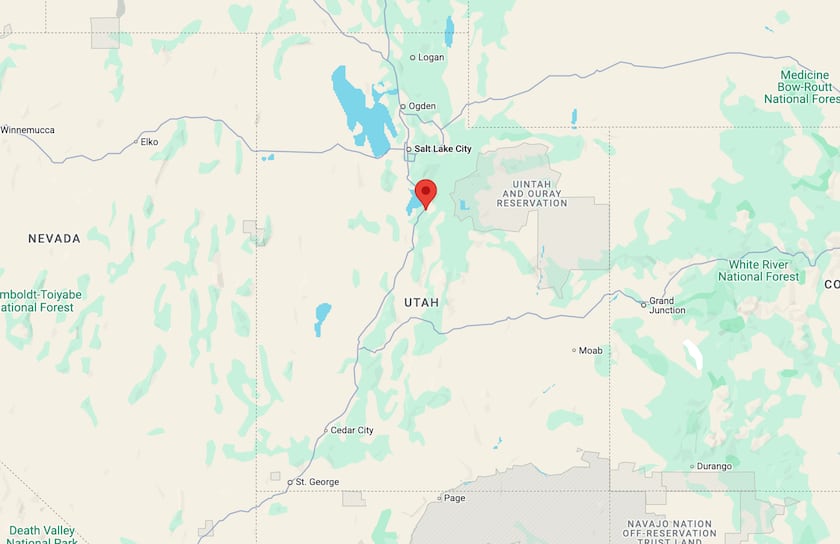 A map of Utah, with a pin in Spanish Fork, in the center of the state.
