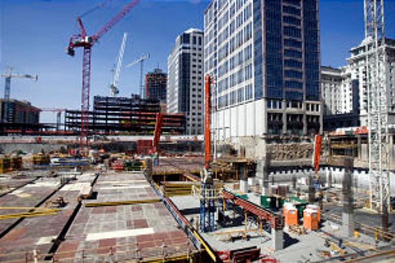 The immense scale of the City Creek project is dramatized from this view looking west from the newly