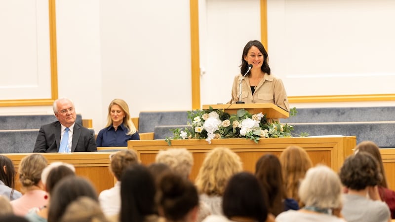Sister Kristin M. Yee speaks during a women’s devotional in Offenbach, Germany, on Aug. 29, 2026.