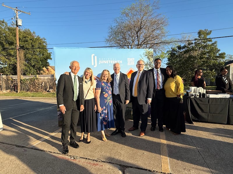 Elder Michael A. Dunn, left, president of the Church’s United States Southwest Area, and his wife, Sister Linda Dunn, join Elder Jonathan Cannon, an Area Seventy, and his wife, Diane Cannon, and Peter Harris, and Calvin and Ave Griffin, at a gathering in Fort Worth, Texas, celebrating a $3 million donation from the Church for the National Juneteenth Museum on Wednesday, Oct. 7, 2026.