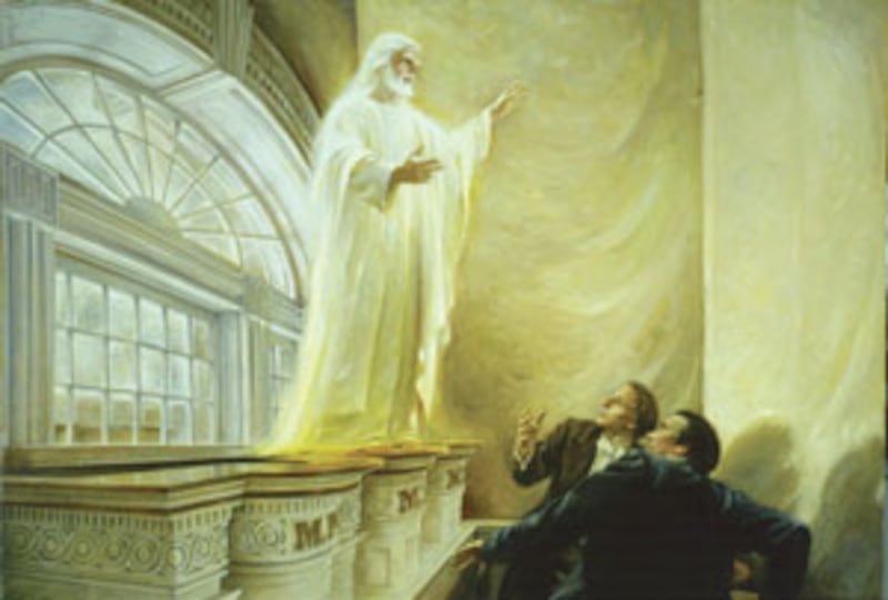 The Lord's appearance to Joseph Smith and Oliver Cowdery in the Kirtland Temple in 1836 is depicted