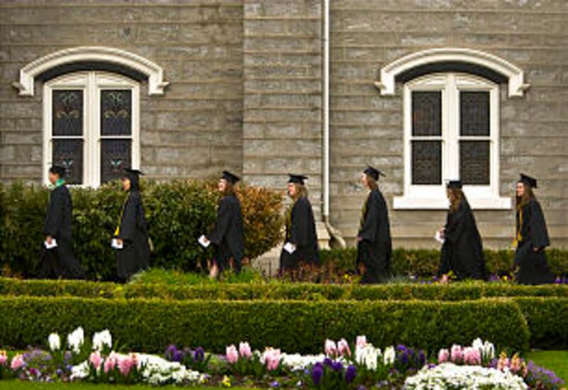 LDS Business College Class of 2011 walk in a procession through Temple Square into the Tabernacle on