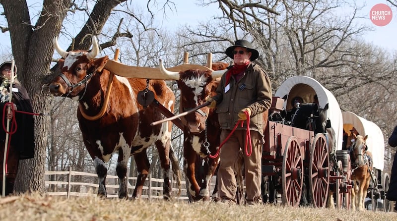 A man dressed in pioneer clothes walks next to yoked cattle pulling a wagon through Historic Nauvoo.