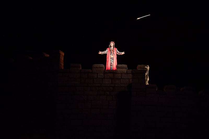 An arrow flies at Samuel the Lamanite during the Mormon Miracle Pageant in Manti, Utah, in June 2018. Joshua Peterson, who plays Samuel, was unaware that arrows were being thrown this year until they started flying during dress rehearsals.