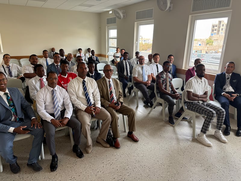 Elders quorum members meet in the new Eugenio Lima Chapel in Praia, Cape Verde, Sunday, April 12, 2026.