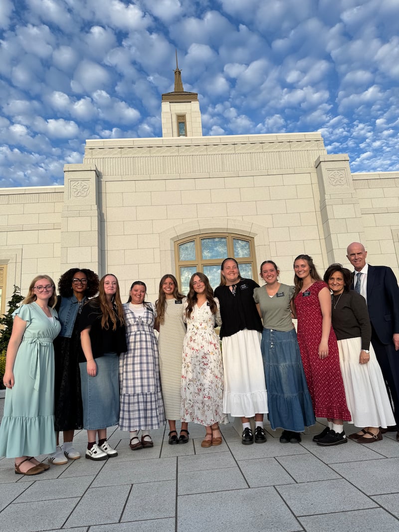 Sister missionaries of the Oregon Eugene Mission stand in front of the Willamette Valley Oregon Temple on the last day of its open house, May 9, 2026.