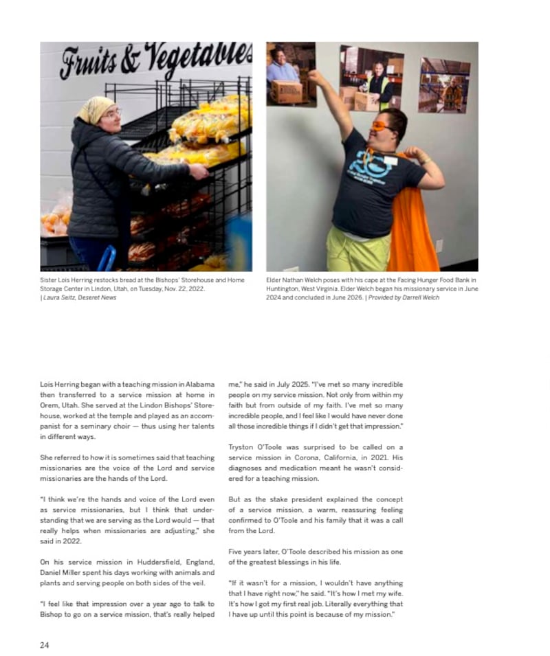 Pages 24 of the Missionary Work in The Church of Jesus Christ of Latter-day Saints magazine includes an article about service missionaries.