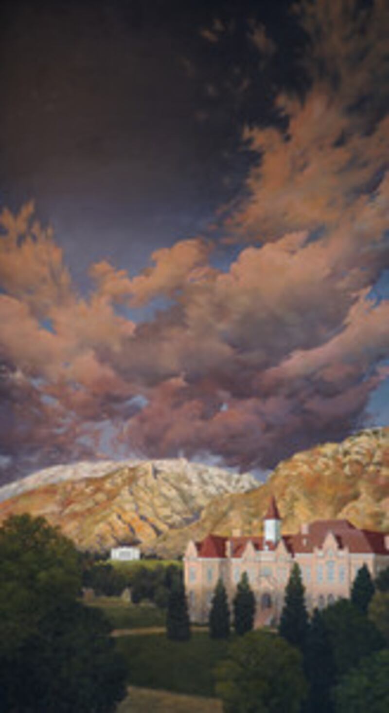 Placed on one end of the BYU exhibit "Education in Zion" is an 18-foot mural by Mitchell Warner of t