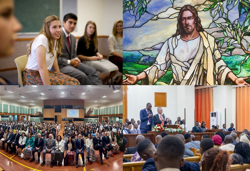 Clockwise from top left: Youth participate in a Sunday School class; Stained-glass image of the Savior, Jesus Christ, in the Paris France Temple; Elder David A. Bednar of the Quorum of the Twelve Apostles speaks during a special stake conference of the Kinshasa Democratic Republic of the Congo Kimbanseke Stake on Sunday, March 15, 2026; Elder Ronald A. Rasband of the Quorum of the Twelve Apostles and his wife, Sister Melanie Rasband, front center left, and Elder Arnulfo Valenzuela of the Presidency of the Seventy and his wife, Sister Pilar Valenzuela, front center right, join other leaders and missionaries for a group photo at the Brazil Missionary Training Center on Thursday, March 19, 2026, in São Paulo, Brazil.