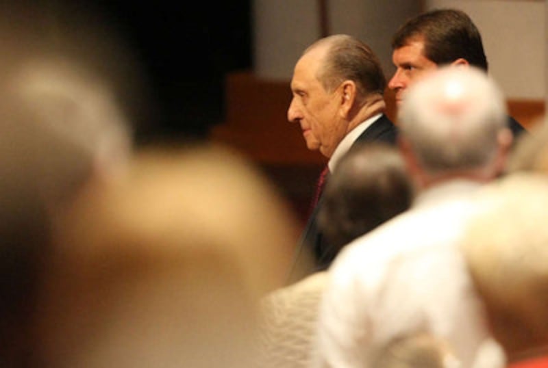 President Thomas S. Monson makes his way to his seat at Golden Days, A Celebration of Life, in honor