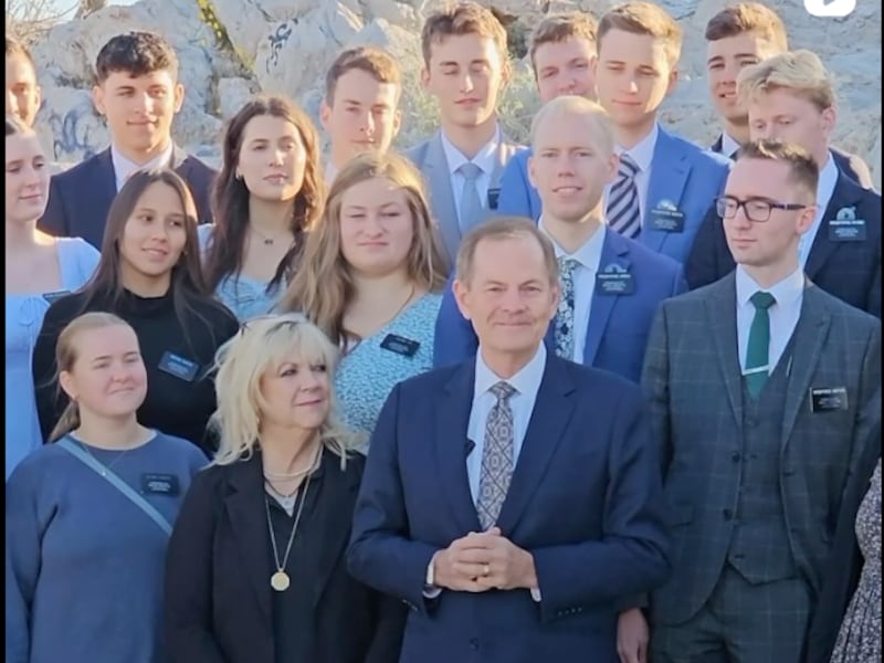 Elder Stevenson visits with full-time missionaries in Greece in a video posted to social media Sunday, Oct. 27.