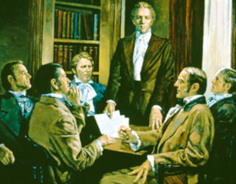 Dale Kilbourn's oil "Organization of the Church" portrays the April 6, 1830, gathering of the first